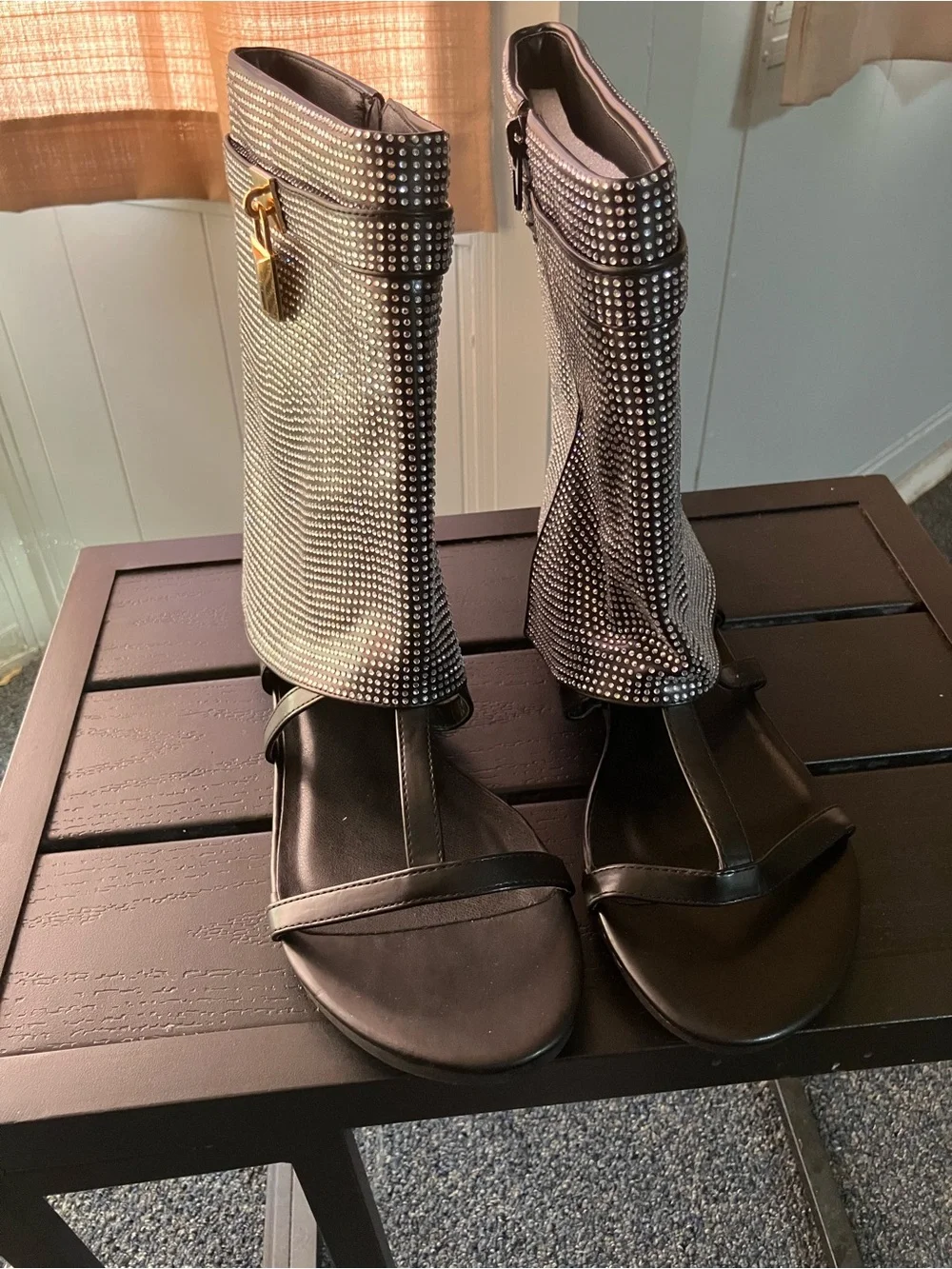 SHEIN Black Rhinestone Mid-Calf Open-Toe Sandal Boots